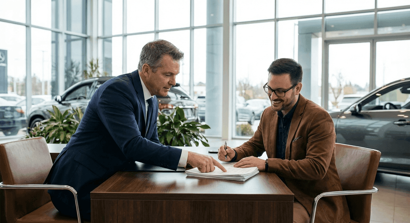 Two motor dealers reviewing programme documents in a showroom