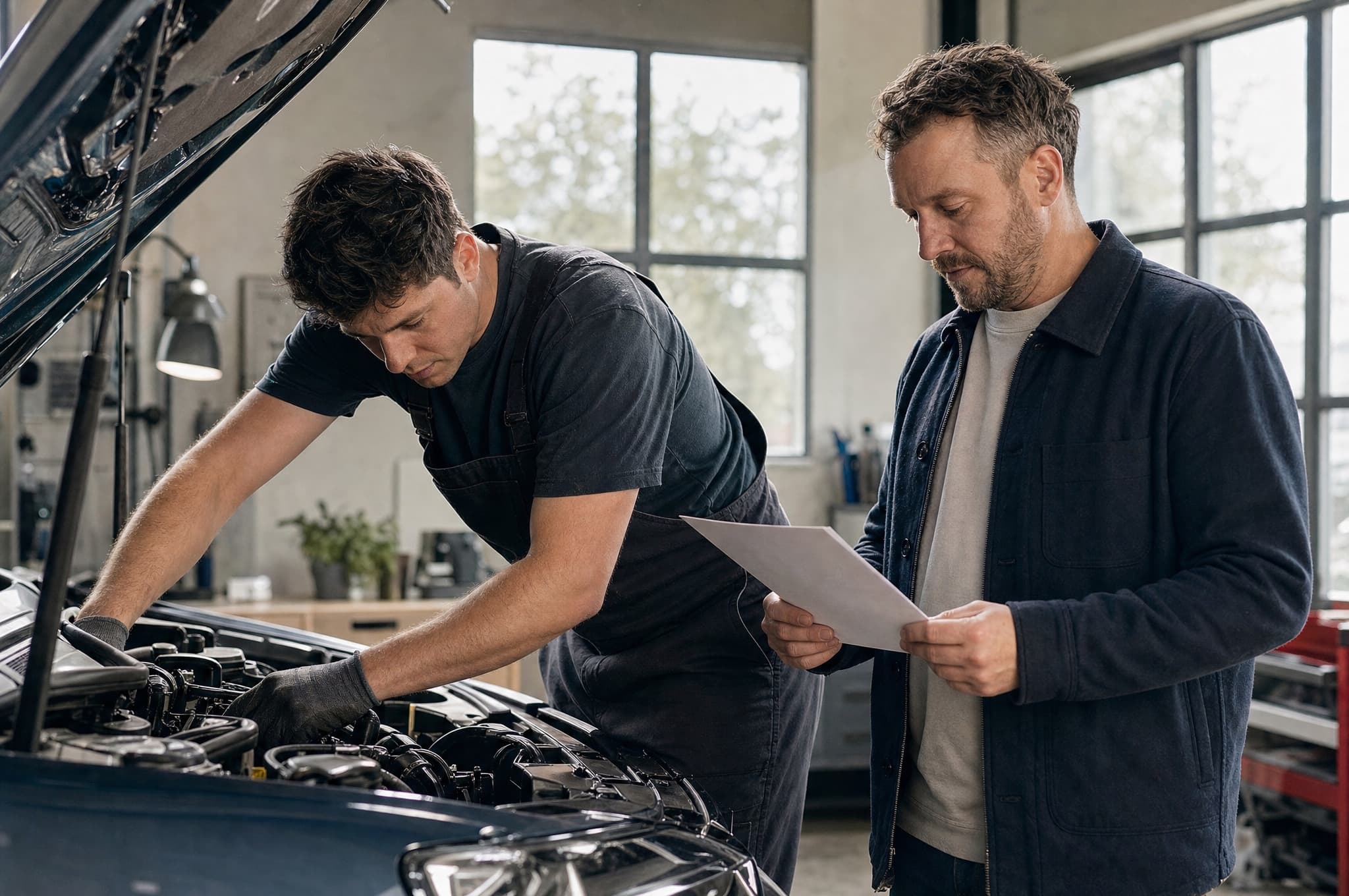A technician diagnosing a car with its engine bay open
